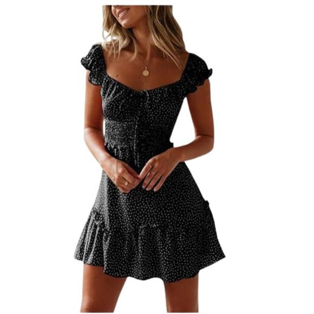 YOBECHO Navy Blue Ruffle Sleeve Sweetheart Neckline Summer Dress Women's S